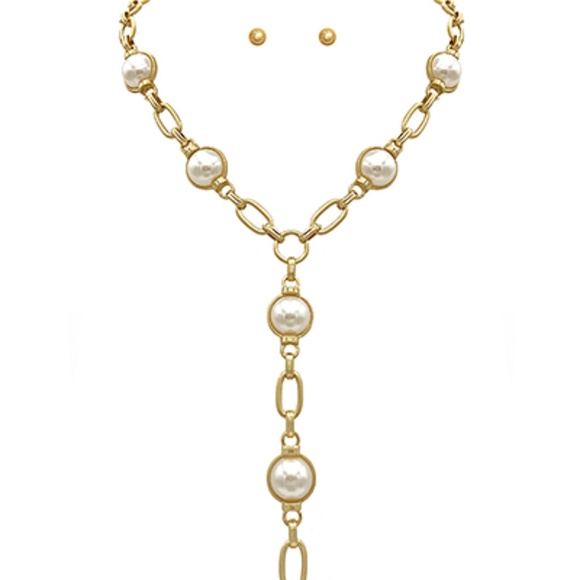 Pearl & Oval Chain Y Necklace Set - Picture 1 of 4